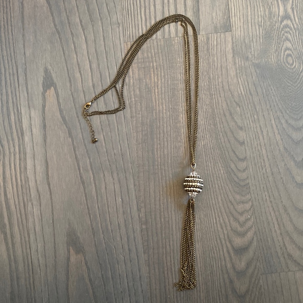 3 for $18 Long double chain necklace w/ rhinestone ball pendant and chain tassel - Picture 1 of 4